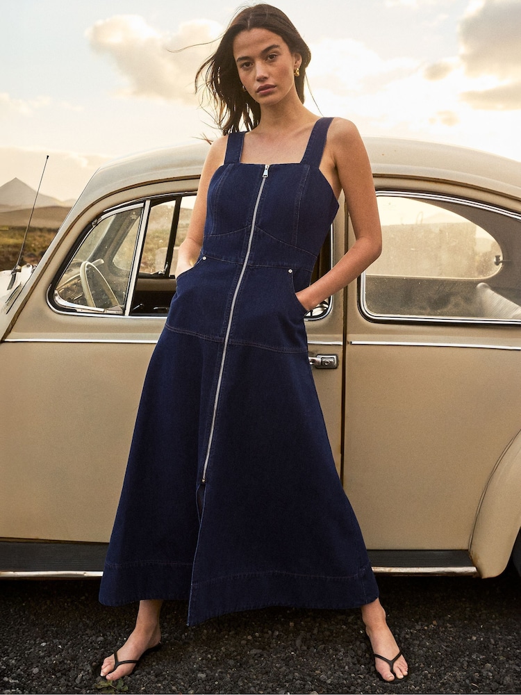 Ro&Zo Blue Denim Zip Front Midi Dress - Image 1 of 6