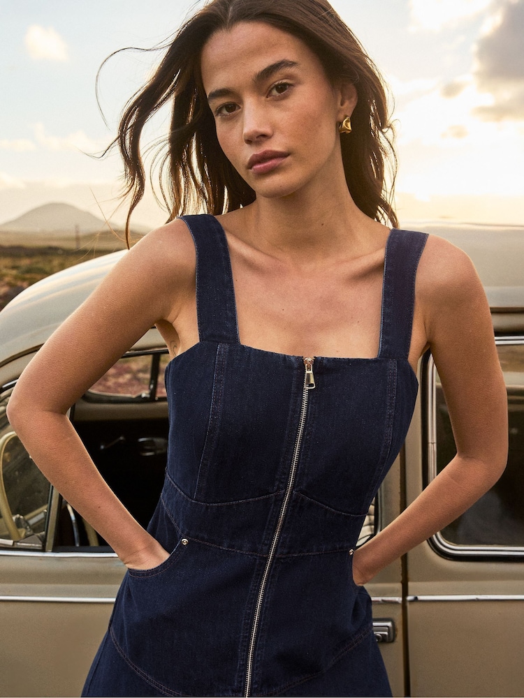 Ro&Zo Blue Denim Zip Front Midi Dress - Image 2 of 6