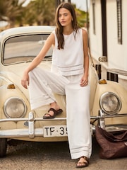 Ro&Zo White Petite Ladder Trim Wide Leg Trousers With Linen - Image 1 of 3