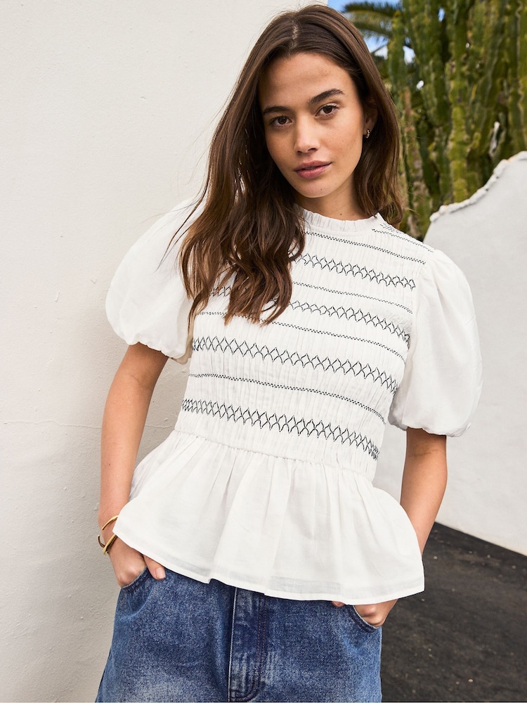 Ro&Zo White Cotton Voile Shirred Bodice Top - Image 1 of 8