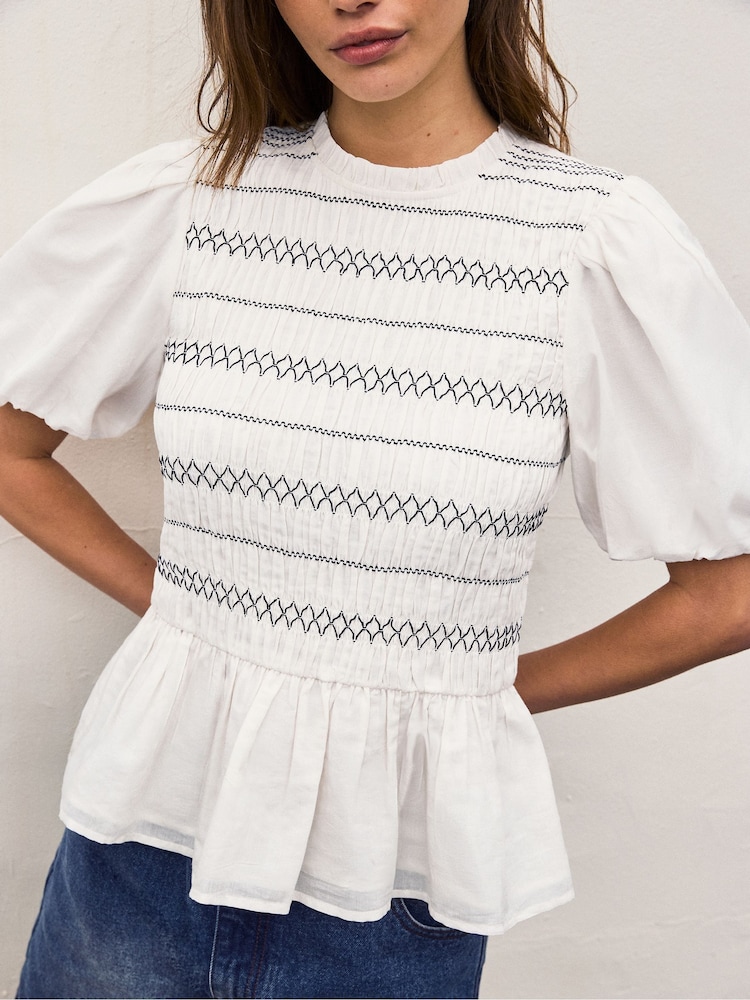 Ro&Zo White Cotton Voile Shirred Bodice Top - Image 2 of 8