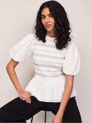 Ro&Zo White Cotton Voile Shirred Bodice Top - Image 4 of 8