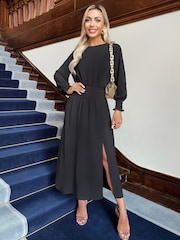AX Paris Long Sleeve Shirred Detail Black Midi Dress - Image 1 of 4