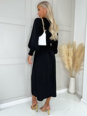 AX Paris Long Sleeve Shirred Detail Black Midi Dress - Image 3 of 4