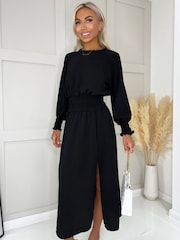 AX Paris Long Sleeve Shirred Detail Black Midi Dress - Image 4 of 4
