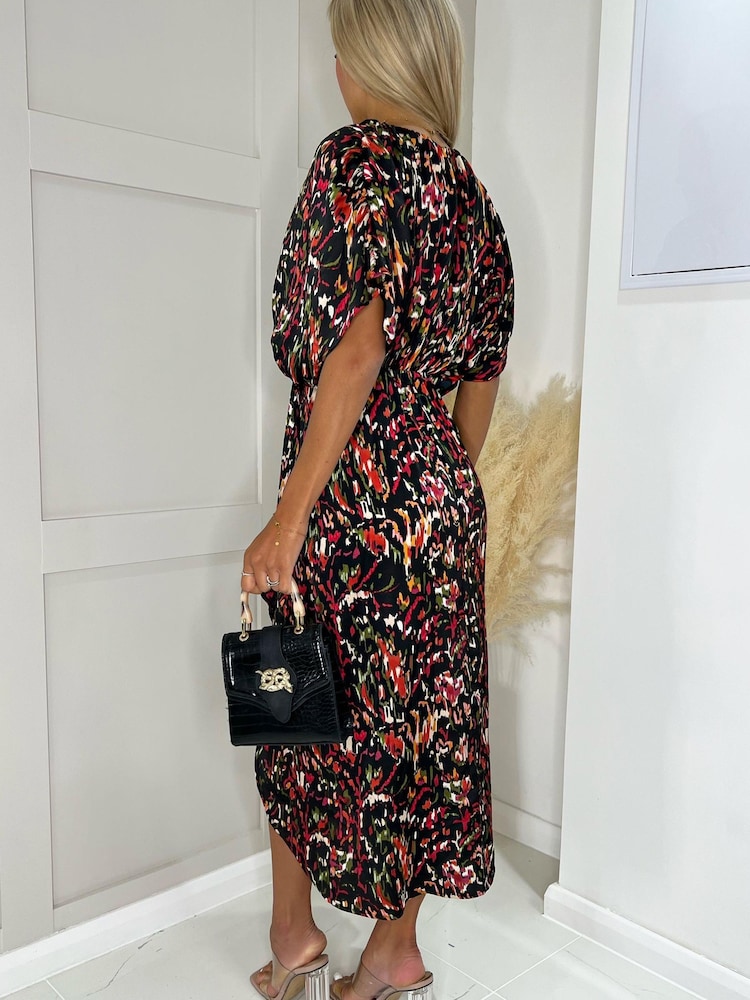 AX Paris Multi Print Batwing Top Wrap Skirt Black Midi Dress - Image 2 of 3
