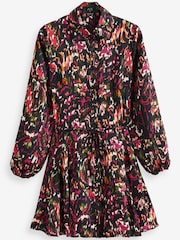 AX Paris Multi Print Long Sleeve Tie Waist Collared Skater Black Dress - Image 5 of 5