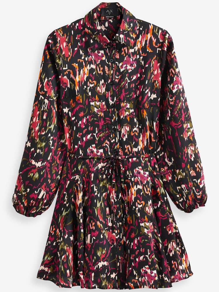 AX Paris Multi Print Long Sleeve Tie Waist Collared Skater Black Dress - Image 5 of 5
