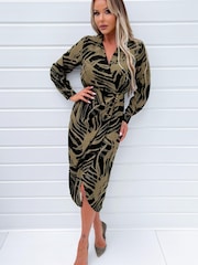 AX Paris Print Wrap Collared Black and Khaki Midi Dress - Image 1 of 5