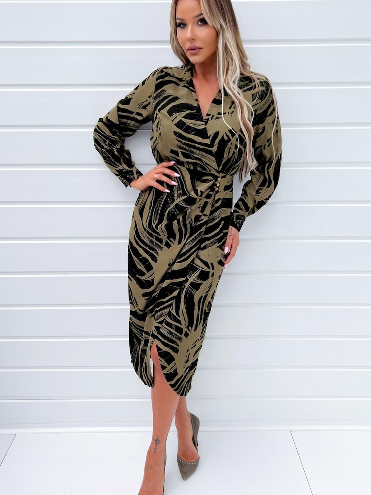 AX Paris Print Wrap Collared Black and Khaki Midi Dress - Image 1 of 5
