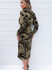 AX Paris Print Wrap Collared Black and Khaki Midi Dress - Image 2 of 5