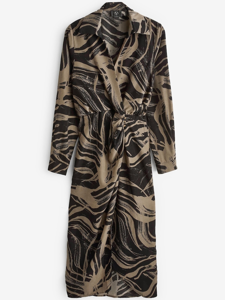 AX Paris Print Wrap Collared Black and Khaki Midi Dress - Image 5 of 5