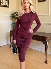 AX Paris Plum Purple Long Sleeve Ruched Bodycon Dress - Image 3 of 4