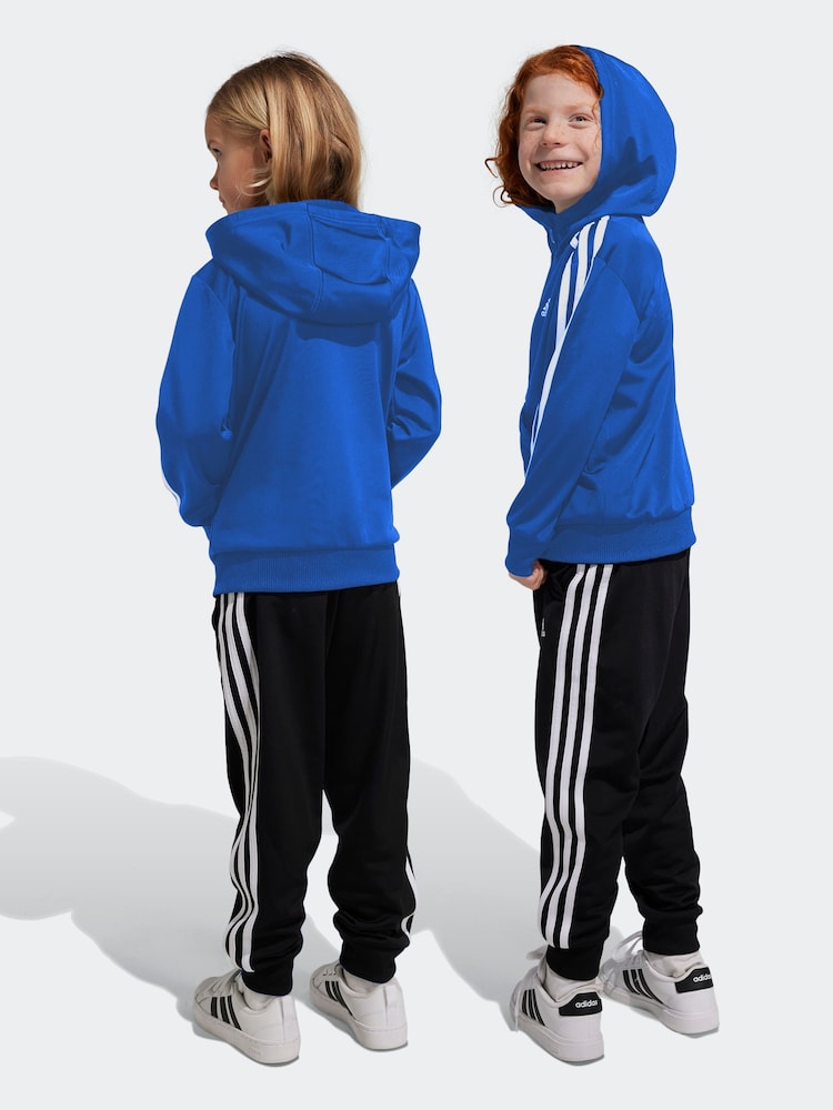 adidas Blue/Black Sportswear Essentials 3-Stripes Shiny Tracksuit - Image 1 of 8