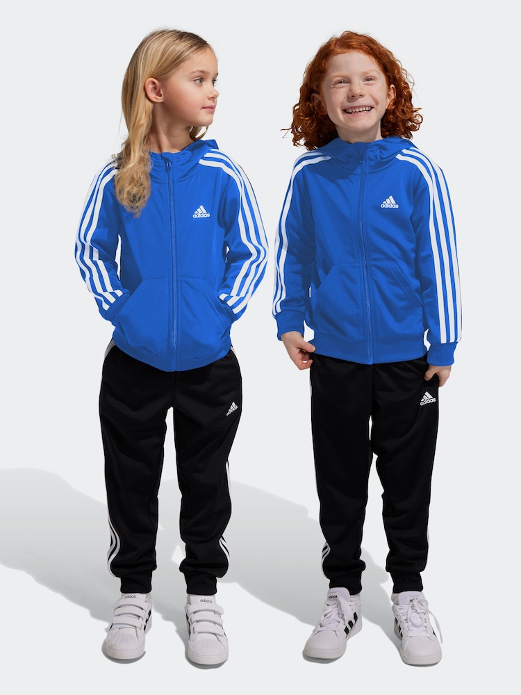 adidas Blue/Black Sportswear Essentials 3-Stripes Shiny Tracksuit - Image 2 of 8
