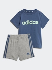 adidas Blue/Grey Sportswear Essentials Lineage Organic Cotton T-Shirt And Shorts Set - Image 1 of 7