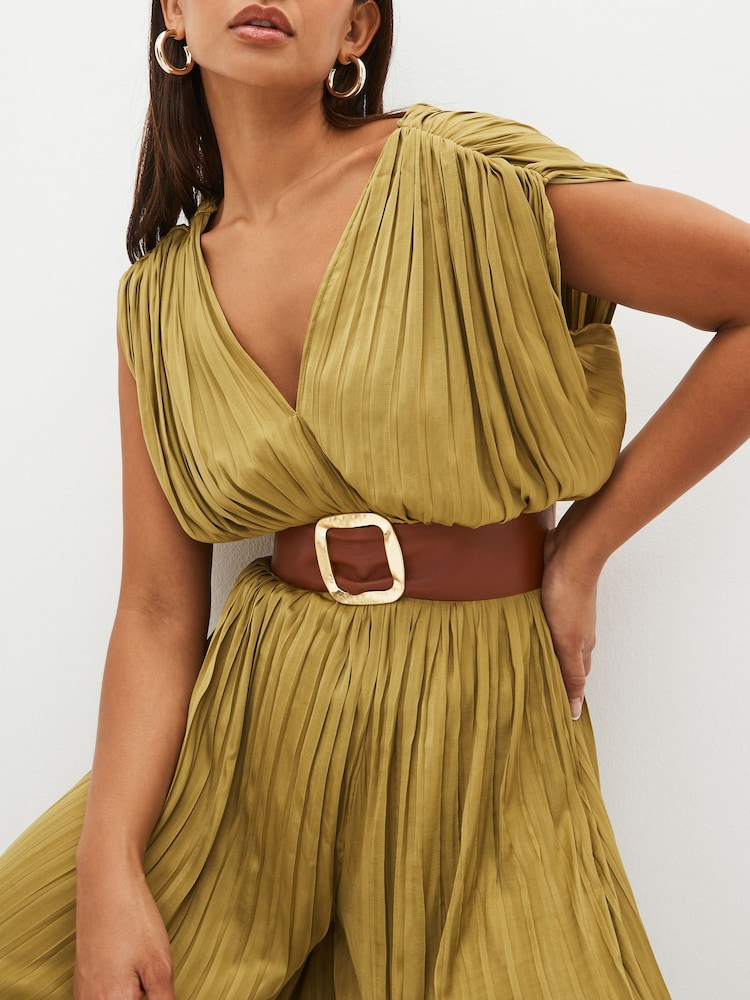 Tan/Gold Wide Leather Belt - Image 1 of 4 Tan/Gold Wide Leather Belt - Image 1 of 4