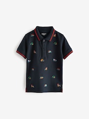 Navy Blue All Over 100% Cotton Embroidered Short Sleeve Polo Shirt (3mths-7yrs) - Image 1 of 3