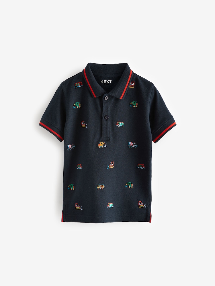 Navy Blue All Over 100% Cotton Embroidered Short Sleeve Polo Shirt (3mths-7yrs) - Image 1 of 3