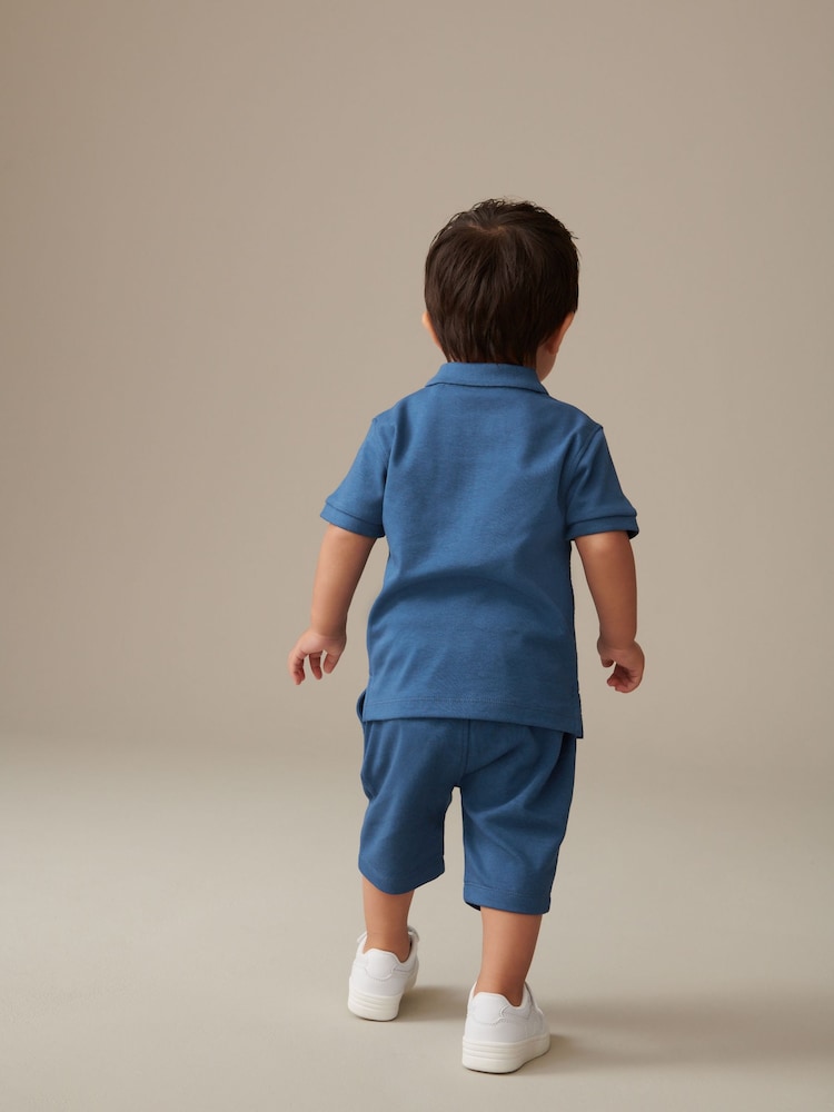 Blue Quarter Zip Polo 100% Cotton Shirt and Shorts Set (3mths-7yrs) - Image 2 of 7 Blue Quarter Zip Polo 100% Cotton Shirt and Shorts Set (3mths-7yrs) - Image 2 of 7