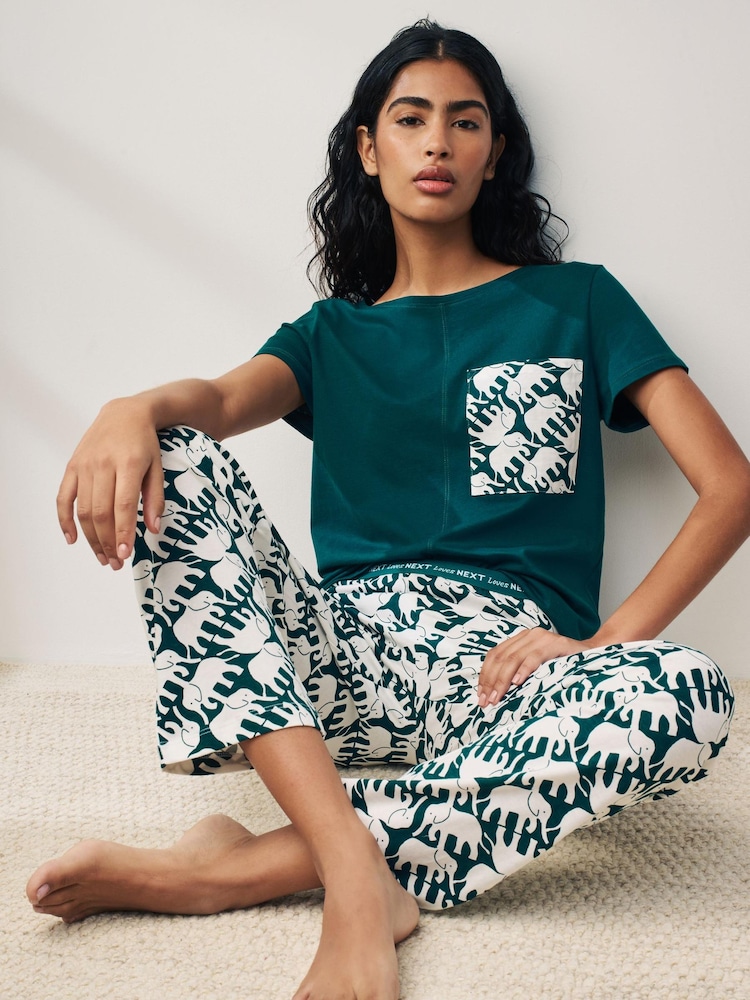 Teal Elephant 100% Cotton Short Sleeve Pyjamas - Image 1 of 8