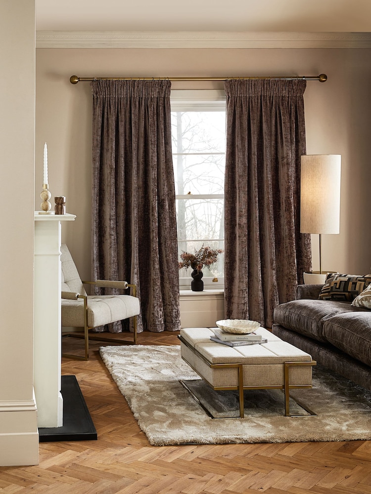 Mink Brown Next Collection Luxe Plush Chenille Pencil Pleat Lined Curtains - Image 1 of 1