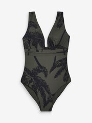 Khaki Green Palm Plunge Tummy Shaping Control Swimsuit - Image 6 of 6