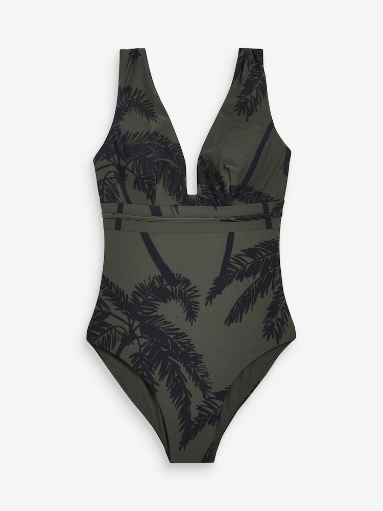 Khaki Green Palm Plunge Tummy Shaping Control Swimsuit - Image 6 of 6