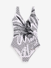 Black/White Palm Ruched Side Tummy Control Swimsuit - Image 5 of 5