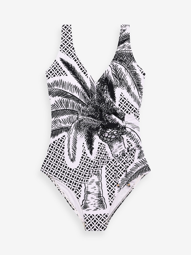 Black/White Palm Ruched Side Tummy Control Swimsuit - Image 5 of 5