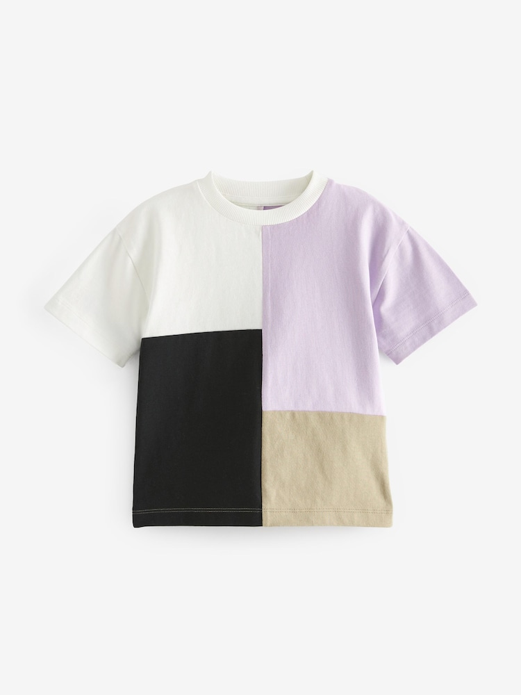 Black/Lilac Purple Short Sleeve Colourblock T-Shirt (3mths-7yrs) - Image 1 of 1