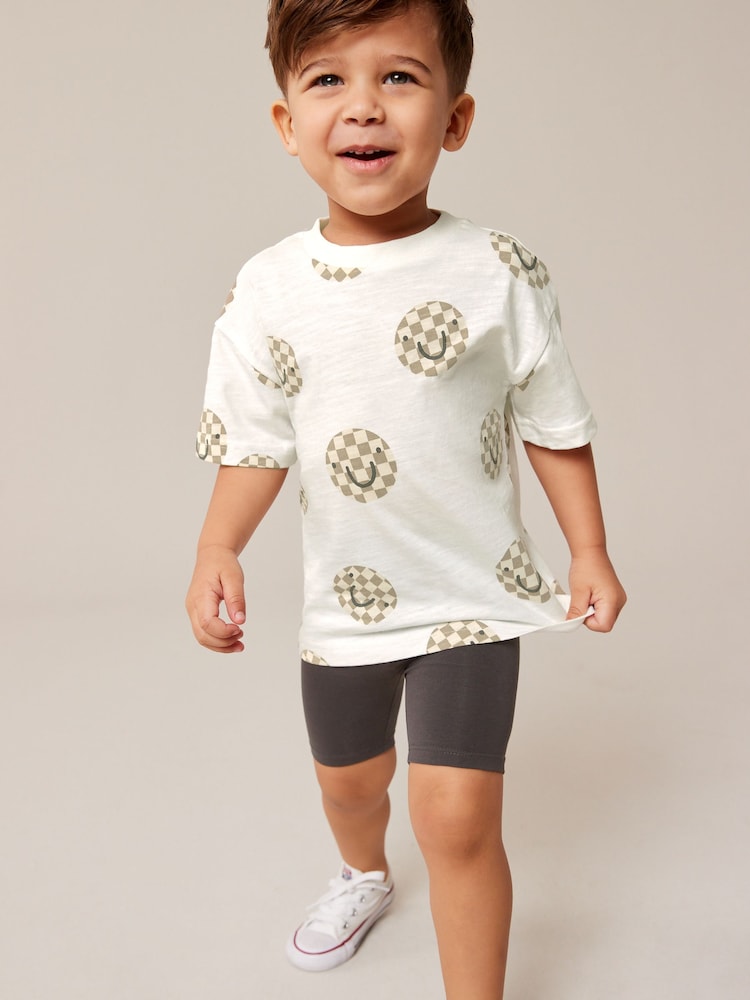 Ecru White/Brown 100% Cotton T-Shirt And Cycling Shorts Set (3mths-7yrs) - Image 1 of 6