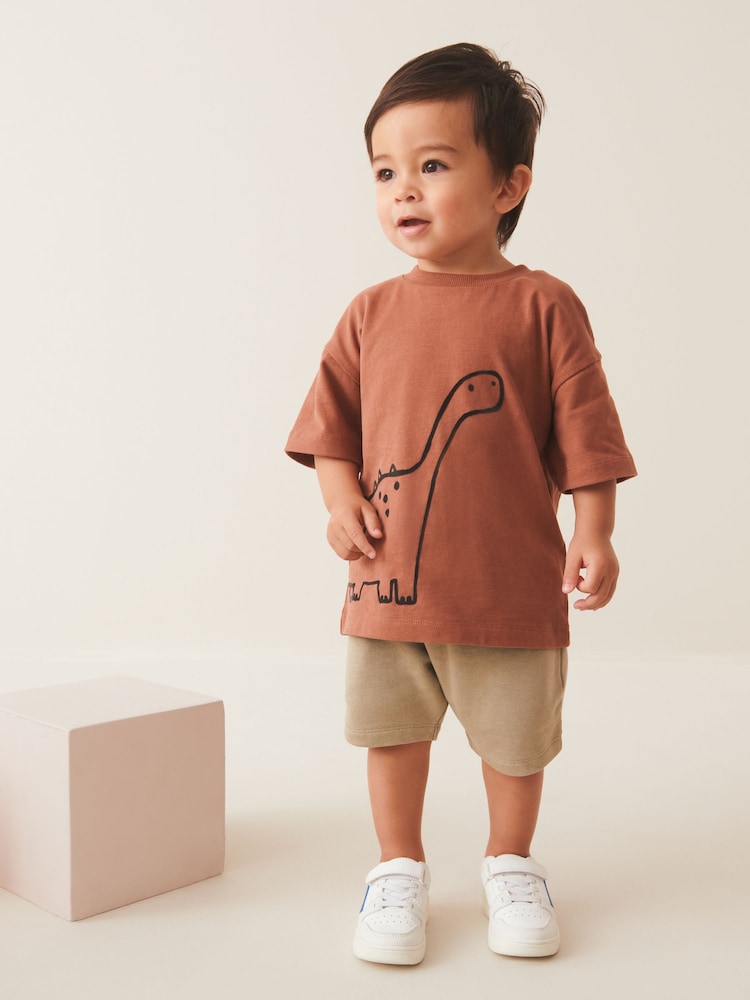 Rust Brown/Ecru Cream 100% Cotton 2 pack T-shirt and Shorts Set (3mths-7yrs) - Image 2 of 9 Rust Brown/Ecru Cream 100% Cotton 2 pack T-shirt and Shorts Set (3mths-7yrs) - Image 2 of 9