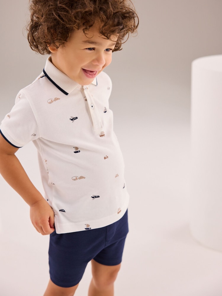 White 100% Cotton All Over Printed Polo Shirt And Shorts Set (3mths-7yrs) - Image 2 of 11
