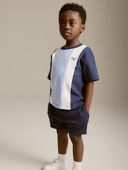 Blue 100% Cotton Short Sleeve Colourblock T-Shirt and Shorts Set (3mths-7yrs) - Image 2 of 7