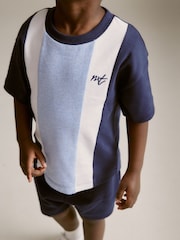 Blue 100% Cotton Short Sleeve Colourblock T-Shirt and Shorts Set (3mths-7yrs) - Image 4 of 7