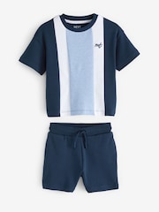Blue 100% Cotton Short Sleeve Colourblock T-Shirt and Shorts Set (3mths-7yrs) - Image 5 of 7