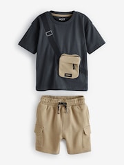 Tan Brown/Grey Utility Bumbag Short Sleeve T-Shirt & Shorts Set (3mths-7yrs) - Image 5 of 7