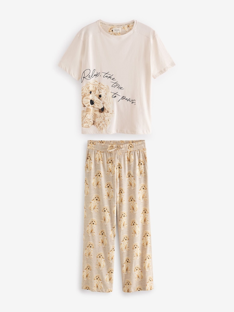 Buy Ecru Cream Charlie Cockapoo Short Sleeve 100% Cotton Pyjamas