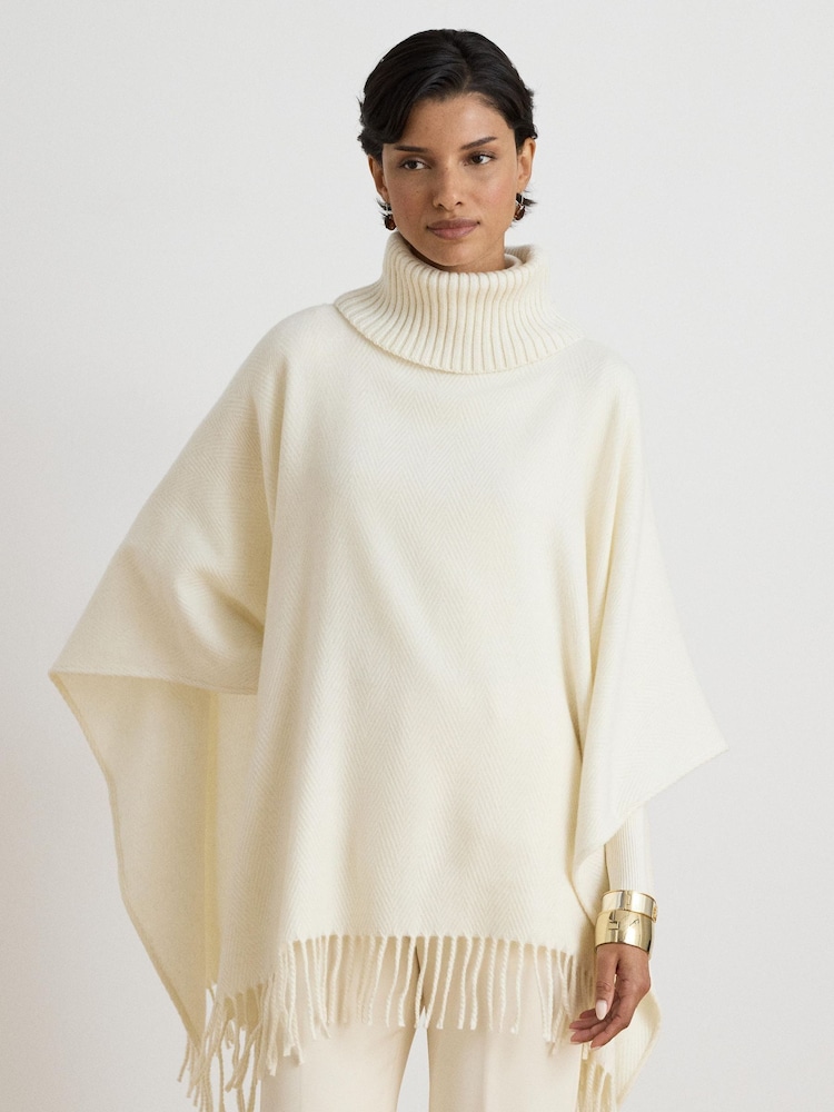 Lauren Ralph Lauren Cream Knitted Roll Neck Fringe Trim Cape Poncho - Image 1 of 6