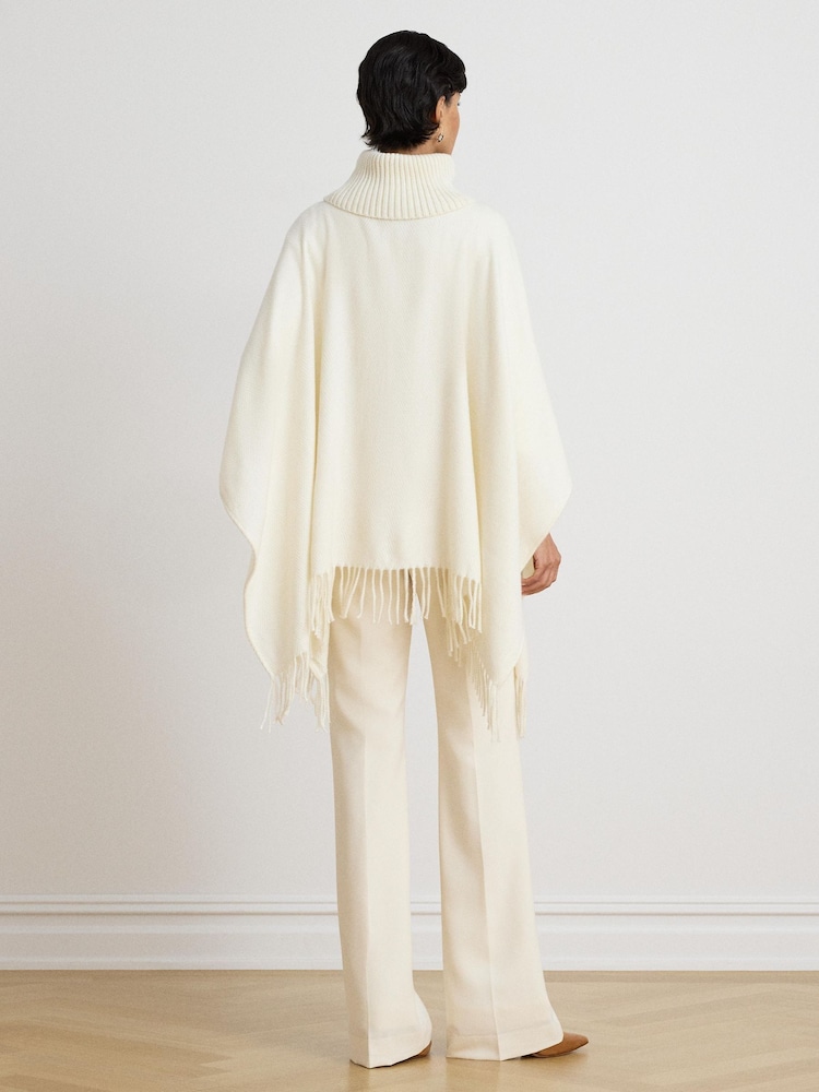 Lauren Ralph Lauren Cream Knitted Roll Neck Fringe Trim Cape Poncho - Image 2 of 6