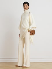 Lauren Ralph Lauren Cream Knitted Roll Neck Fringe Trim Cape Poncho - Image 3 of 6