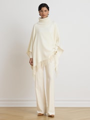 Lauren Ralph Lauren Cream Knitted Roll Neck Fringe Trim Cape Poncho - Image 5 of 6