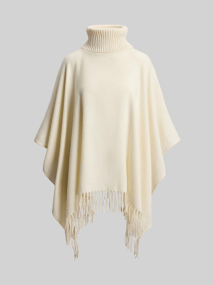 Lauren Ralph Lauren Cream Knitted Roll Neck Fringe Trim Cape Poncho - Image 6 of 6