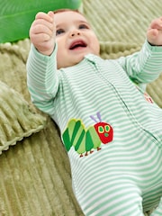JoJo Maman Bébé Green The Very Hungry Caterpillar Appliqué Zip Cotton Baby Sleepsuit - Image 2 of 6