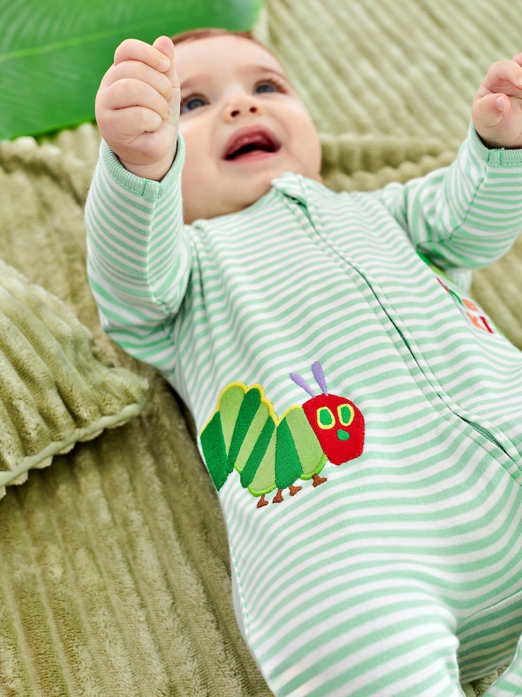 JoJo Maman Bébé Green The Very Hungry Caterpillar Appliqué Zip Cotton Baby Sleepsuit - Image 2 of 6