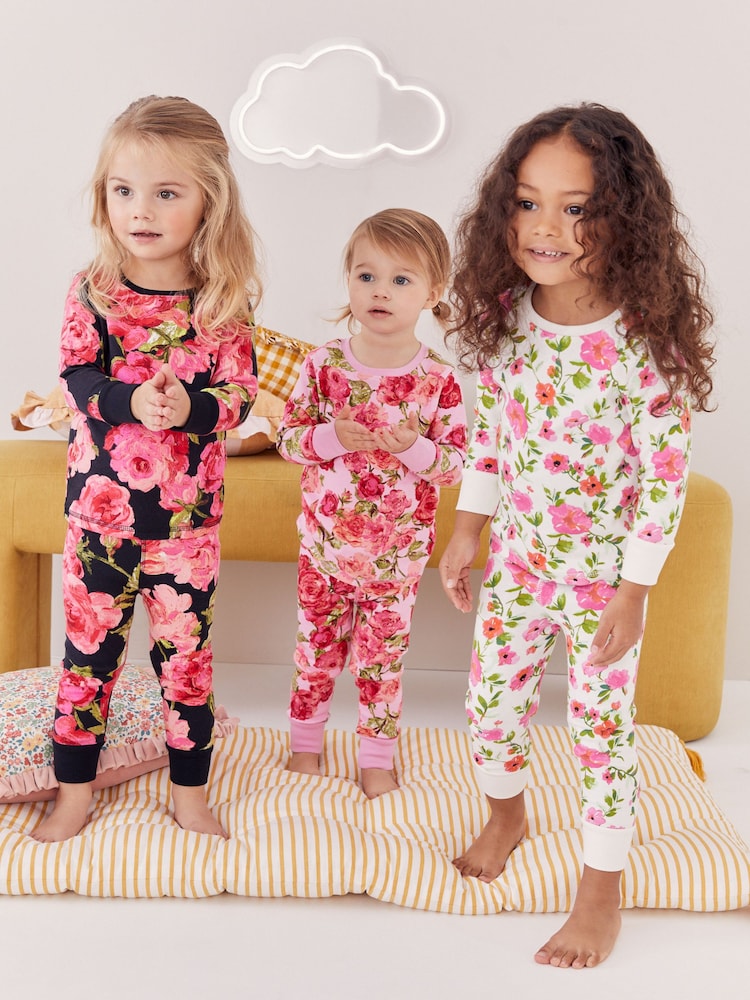 Pink/Black Floral Pyjamas 3 Pack (9mths-16yrs) - Image 1 of 12