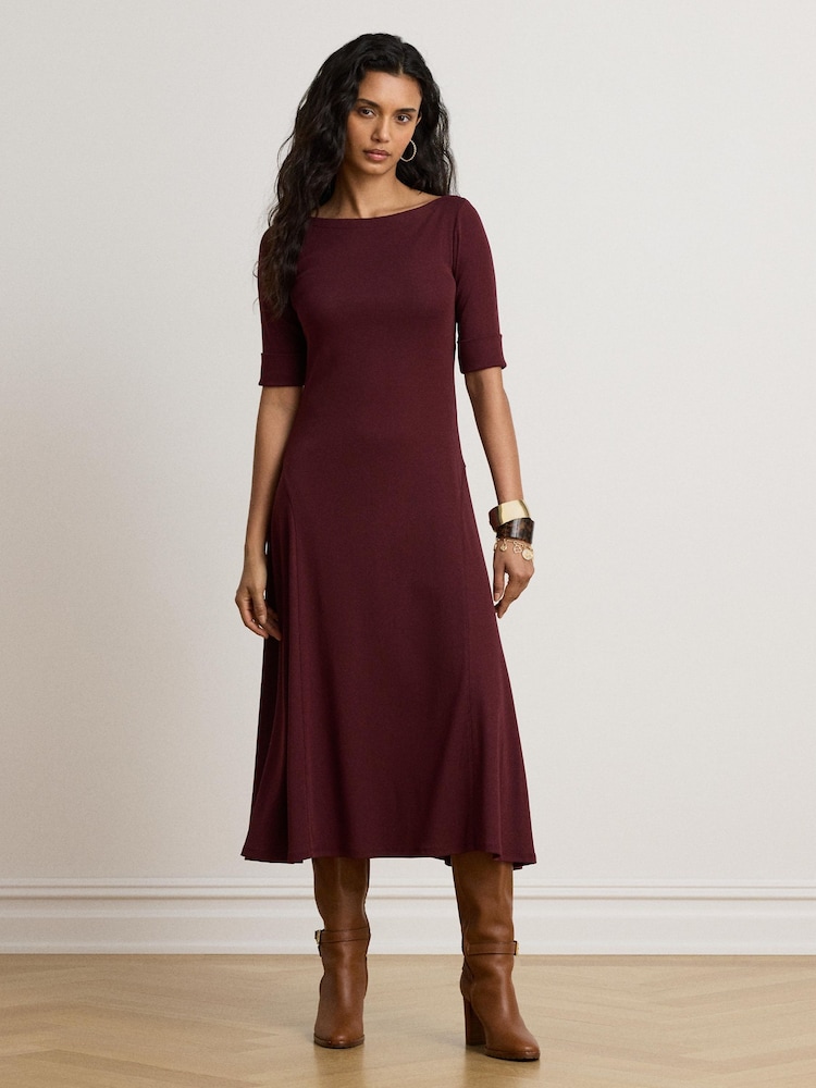 Lauren Ralph Lauren Red Munzie Rib Knit Stretch Cotton Midi Dress - Image 1 of 5