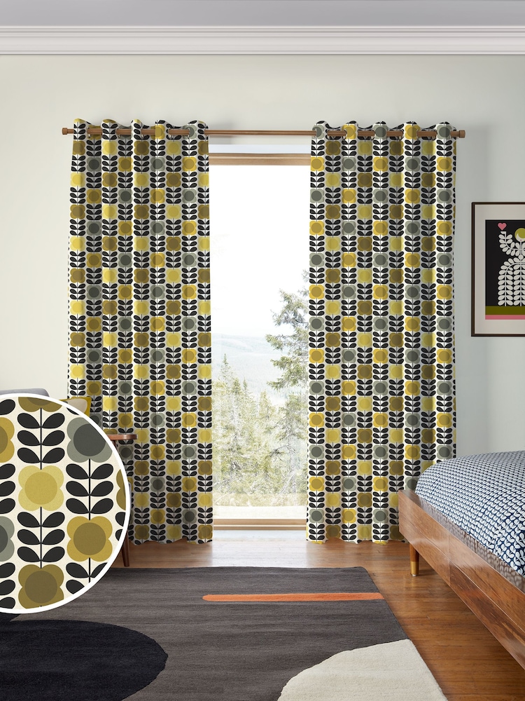 Orla Kiely Yellow and Grey Spot Flower Stem Made to Measure 100% Cotton Curtains - Image 1 of 9