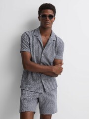 Reiss Navy/White Pitcher Slim Fit Terrycloth Cuban Collar Shirt - Image 1 of 5